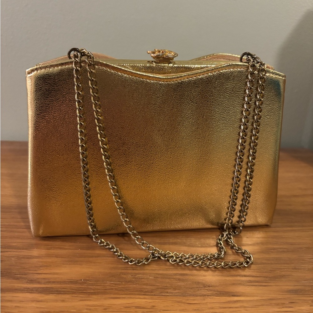 Harry Levine vintage metallic gold clam shell evening bag with a chain strap